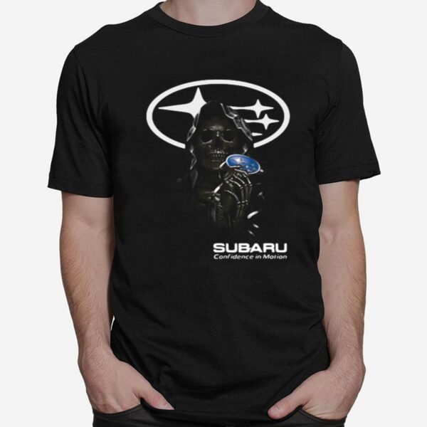 Skull Holding Subaru Confidence In Motion Logo T-Shirt