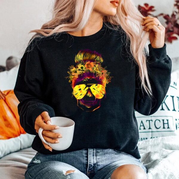 Skull Mom Messy Bun Aviator Glasses Hair Flowers Mother Life Sweater