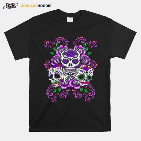 Skull Purple Floral Day Of The Dead Skulls T-Shirt