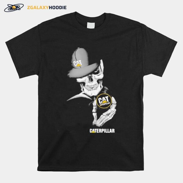 Skull Wear Hat And Hug Caterpillar Logo T-Shirt