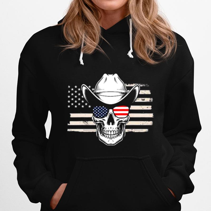 Skull With Sunglasses And Cowboy Hat In Front Of Us Flag Hoodie