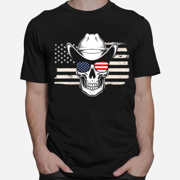 Skull With Sunglasses And Cowboy Hat In Front Of Us Flag T-Shirt