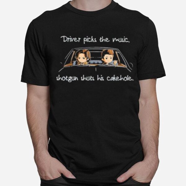 Supernatural Dean Winchester Sam Winchester Chibi Driver Picks The Music Shotgun Shuts His Cakehole T-Shirt