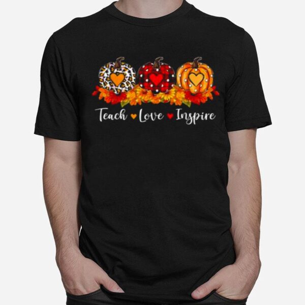 Teach Love Inspire Teacher Autumn Fall Leopard Plaid Pumpkin T-Shirt