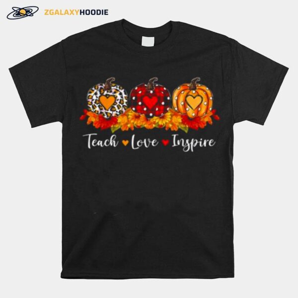 Teach Love Inspire Teacher Autumn Fall Leopard Plaid Pumpkin T-Shirt