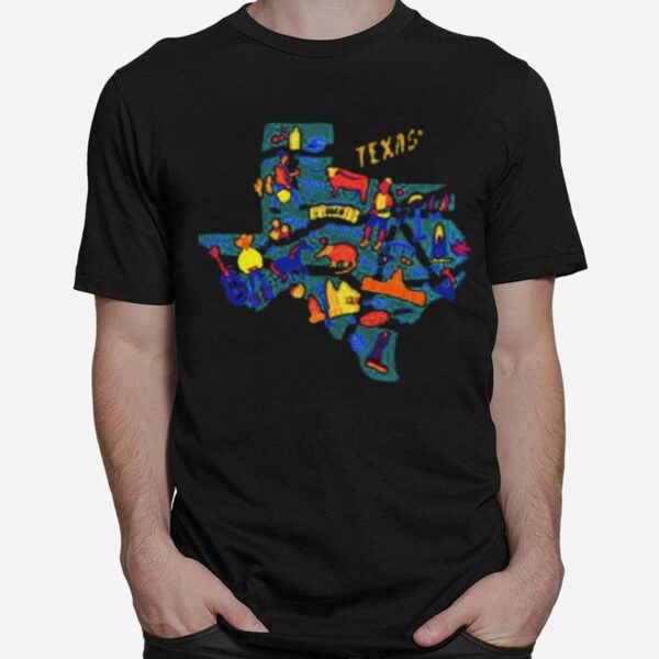 Texas Map With Landmarks Icons Set Traditional Symbols T-Shirt