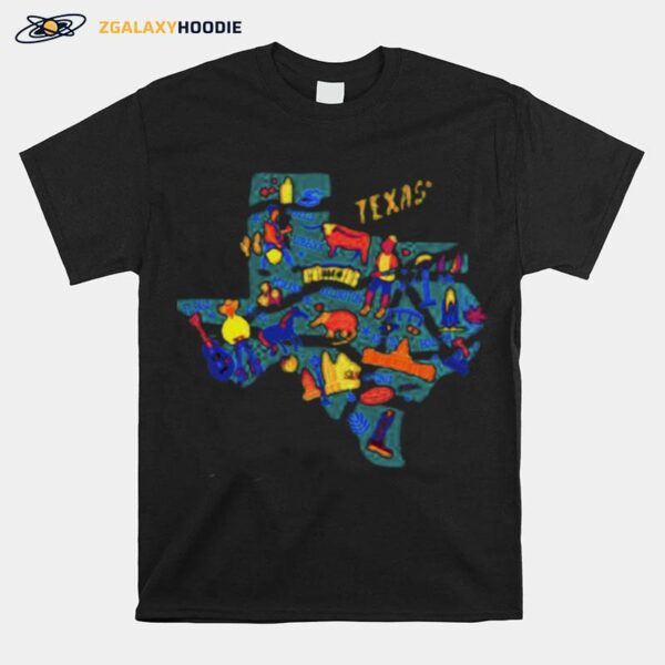 Texas Map With Landmarks Icons Set Traditional Symbols T-Shirt