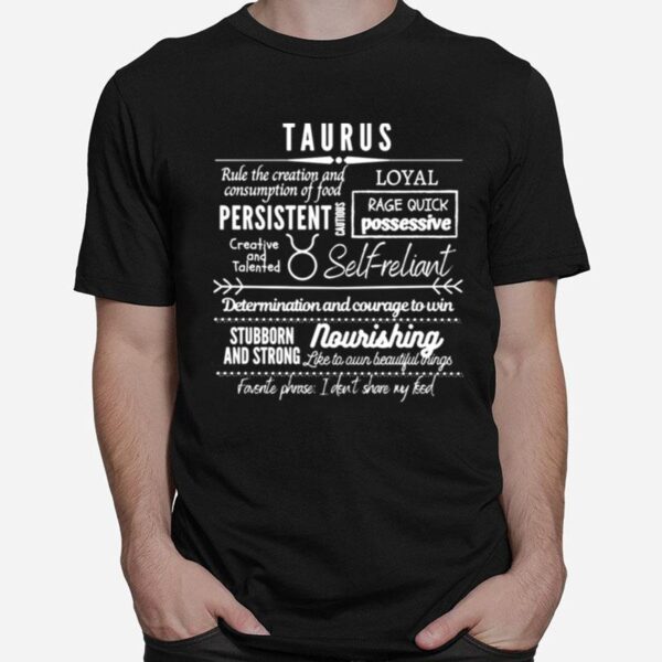 Text Design Taurus Zodiac Signs Traits T-Shirt