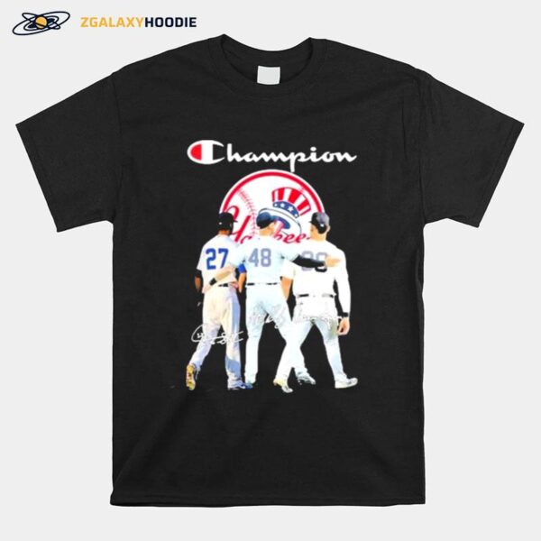 The Champions New York Yankees New York Yankees Champion Matty Alou Aaron Judge And Anthony Vincent Rizzo Signatures T-Shirt