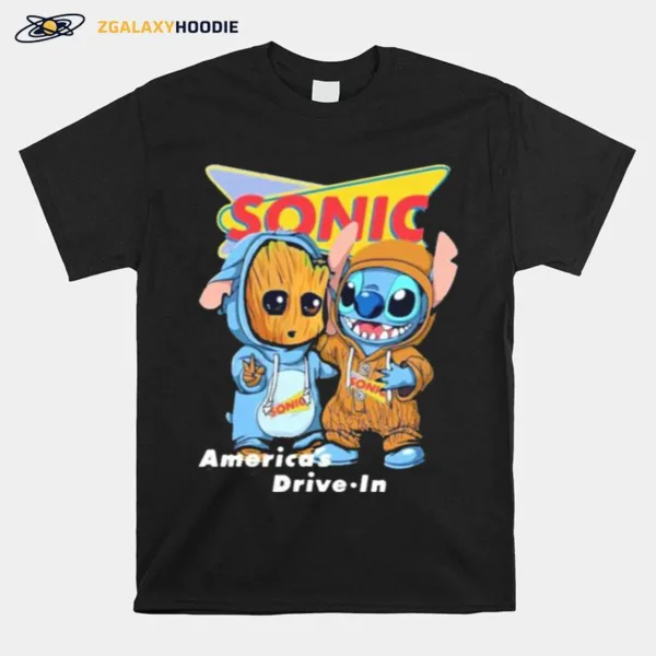 Americas Drive In Sonic Logo Baby Groot And Baby Stitch Unisex T-Shirt