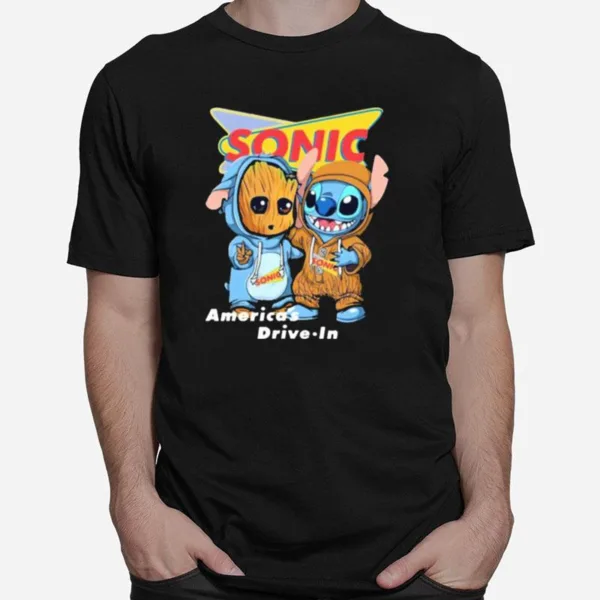 Americas Drive In Sonic Logo Baby Groot And Baby Stitch Unisex T-Shirt