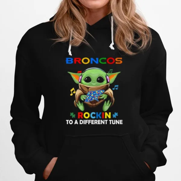 Baby Yoda Hug Denver Broncos Autism Rockin To A Different Tune Unisex T-Shirt