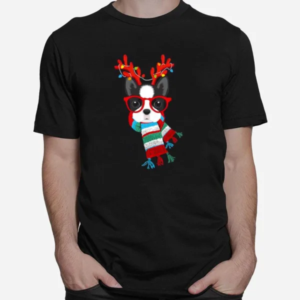 Boston Terrier Xmas Holidays Reindeer Christmas Lights Unisex T-Shirt