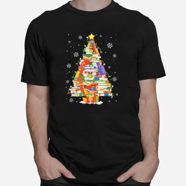 Christmas Library Tree Librarian Xmas Book Lover Unisex T-Shirt