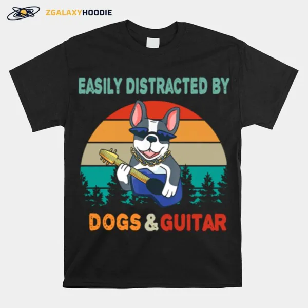 Easily Distracted By Dogs And Guitar Vintage Sunset Unisex T-Shirt