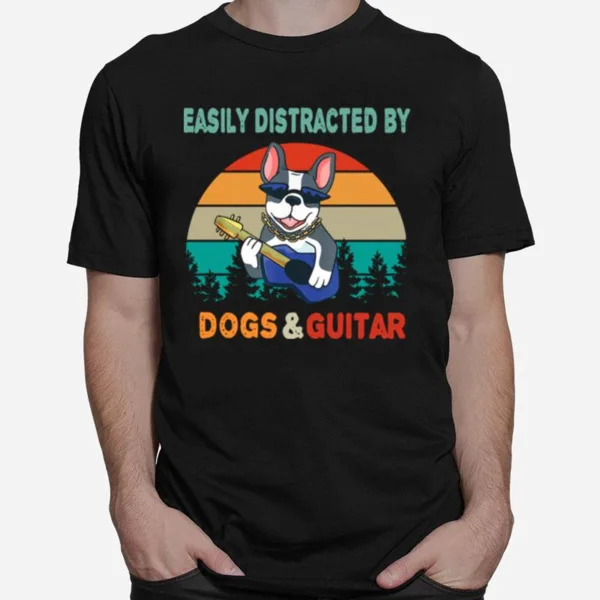 Easily Distracted By Dogs And Guitar Vintage Sunset Unisex T-Shirt