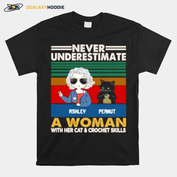 Girl And Black Cat Never Underestimate A Woman With Cats And Crochet Vintage Unisex T-Shirt