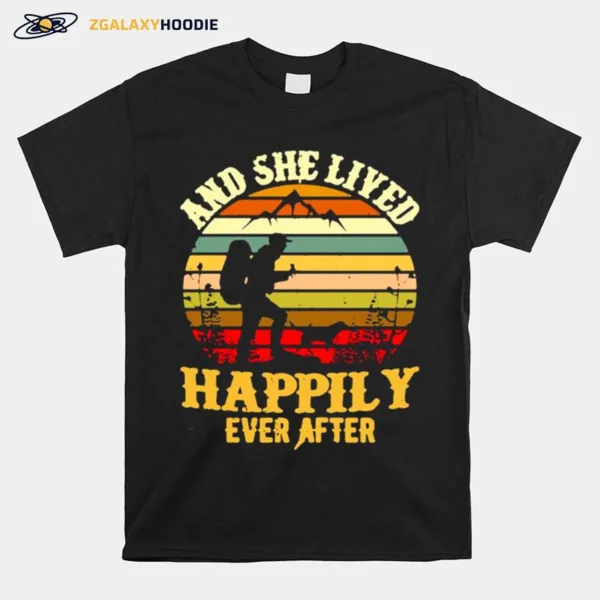 Hiking And She Lived Happily Ever After Vintage Retro Unisex T-Shirt