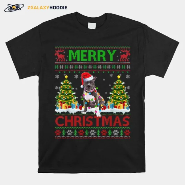 Merry Christmas Lighting Ugly Pitbull Christmas Sweater Tee Unisex T-Shirt