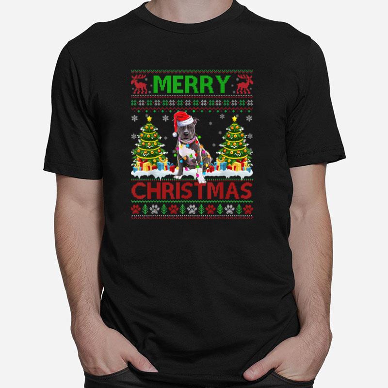 Merry Christmas Lighting Ugly Pitbull Christmas Sweater Tee Unisex T-Shirt