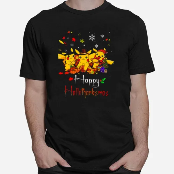 Pikachu Halloween And Christmas Happy Hallothanksmas Pokemon Christmas Unisex T-Shirt