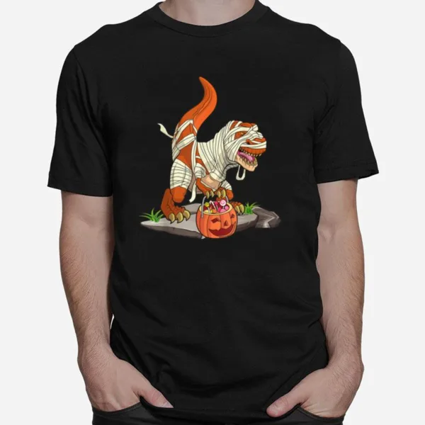Pumpkin Basket Candy Red Mummy T Rex Dinosaur Halloween Unisex T-Shirt