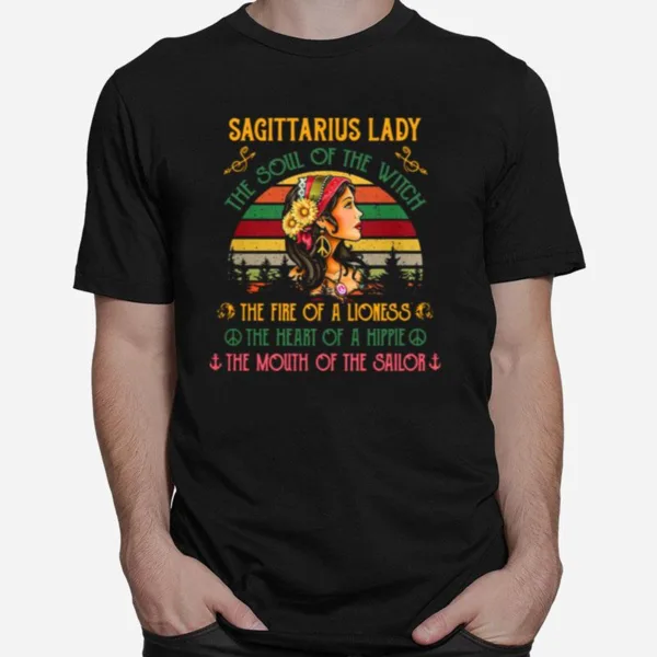 Sagittarius Lady The Soul The Witch The Fire Of A Lioness The Heart Of A Hippie The Mouth Of The Sailor Vintage Unisex T-Shirt