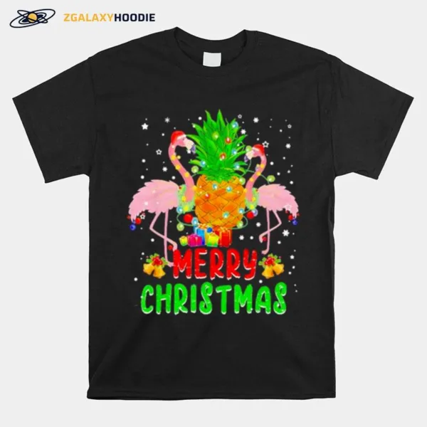 Santa Flamingo Christmas Tree Pineapple Xmas Light Merry Christmas Unisex T-Shirt