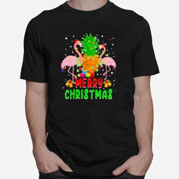 Santa Flamingo Christmas Tree Pineapple Xmas Light Merry Christmas Unisex T-Shirt