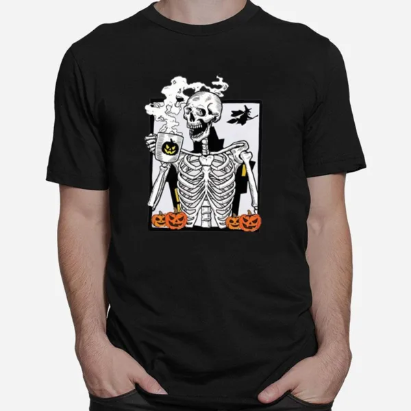 Skeleton Drinking Hot Coffee Pumpkin Halloween Unisex T-Shirt