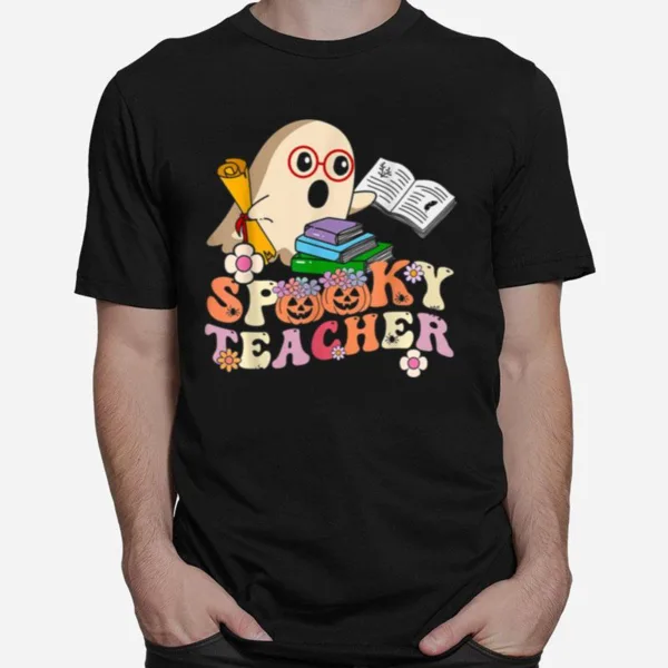 Spooky Teacher Groovy Retro Ghost Halloween Teacher Unisex T-Shirt