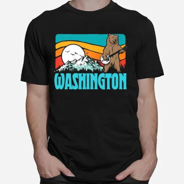 Washington Pnw Mountains Bluegrass Banjo Bear Vintage Unisex T-Shirt