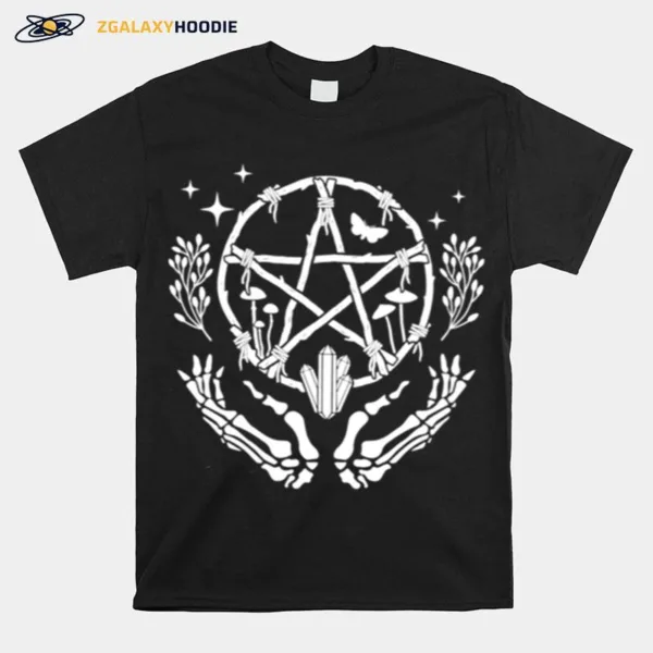 Womens Wiccan Pentacle Wreath With Skeleton Hands And Crystals Unisex T-Shirt