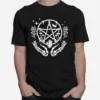 Womens Wiccan Pentacle Wreath With Skeleton Hands And Crystals Unisex T-Shirt