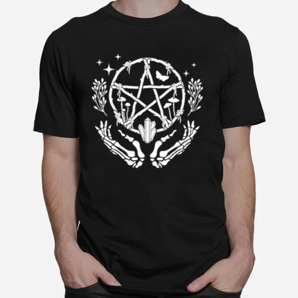 Womens Wiccan Pentacle Wreath With Skeleton Hands And Crystals Unisex T-Shirt