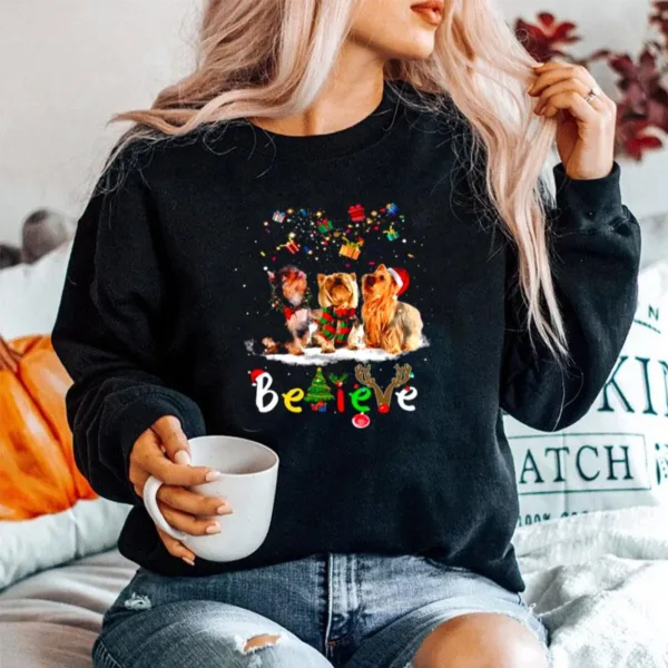 Yorkshire Terrier Dog Santa Claus Hat Believe Gift Christmas Unisex T-Shirt