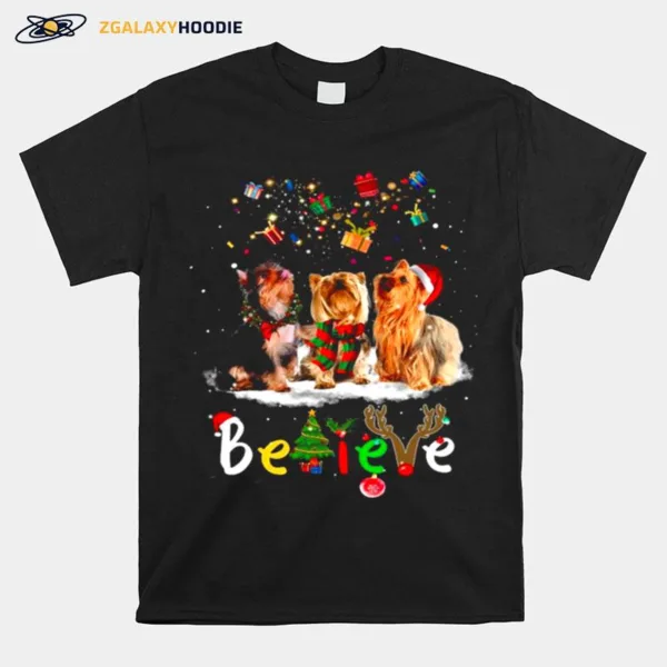 Yorkshire Terrier Dog Santa Claus Hat Believe Gift Christmas Unisex T-Shirt